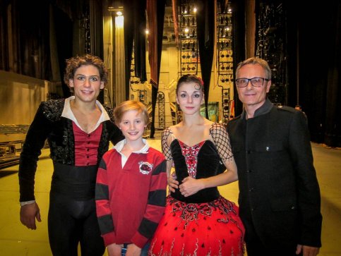 Old Greenwich dancer Aidan Buss, 12, is pictured backstage with Russian dancers Ivan Vasiliev and Natalia Osipova at the conclusion of the final performance of "Don Quixote." 
